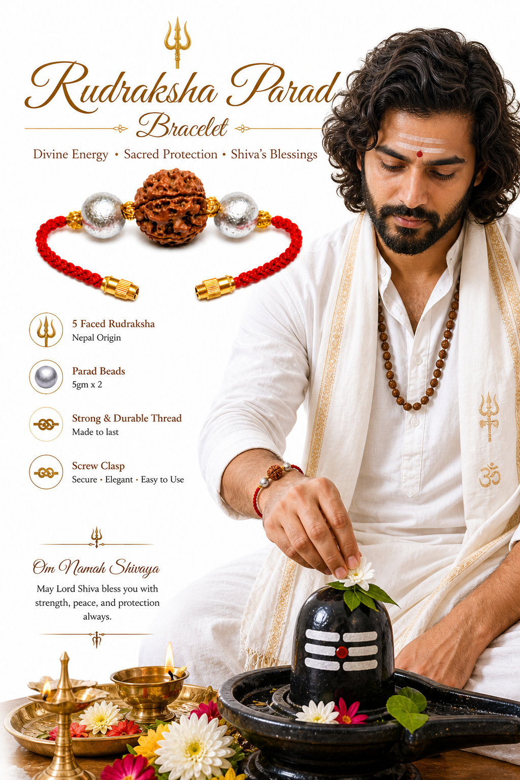 Red cord Rudraksha bracelet on wrist, silver metal beads and gold screw clasp