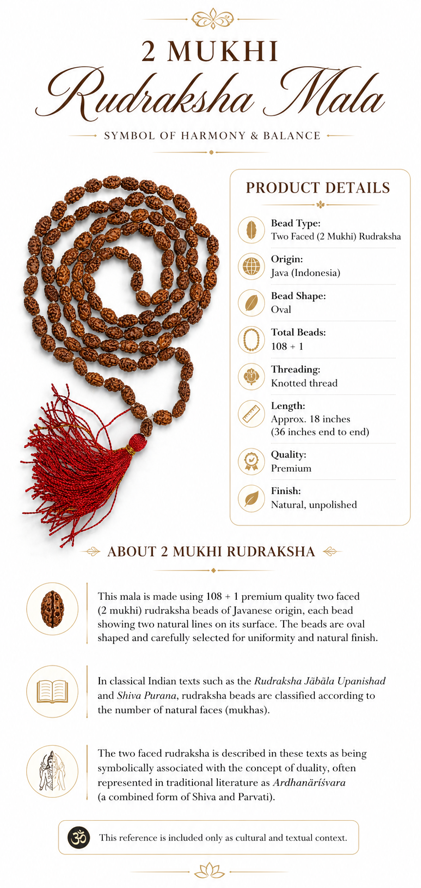 2 mukhi rudraksha mala bead strand, brown beads with red end tassel