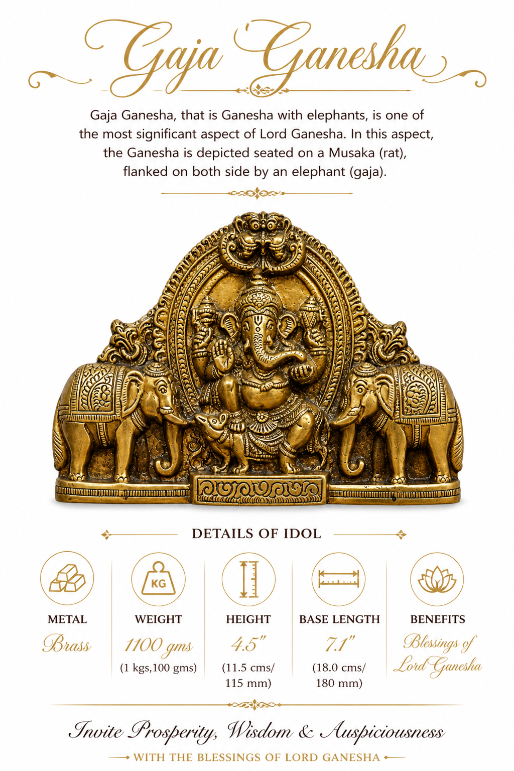 Brass Ganesha idol with elephants, shown with height and base-length details