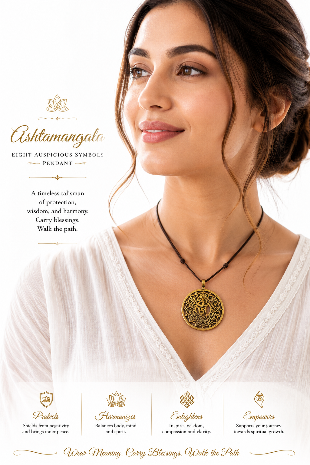 Handcrafted Tibetan Ashtamangala Brass Pendant with Om Symbol | Eight Auspicious Symbols Buddhist Lucky Protection Amulet