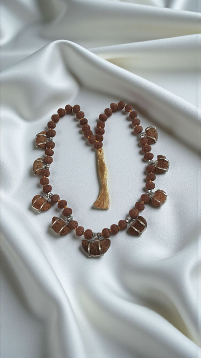 Half Moon One faced Rudraksha Nine beads Mala in Pure Silver – Unique Designer Spiritual Necklace for Men & Women