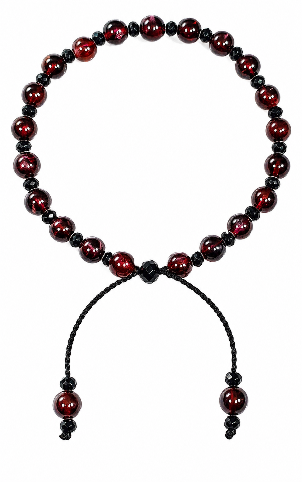 Red garnet bead adjustable bracelet with black spacer beads and braided tie ends