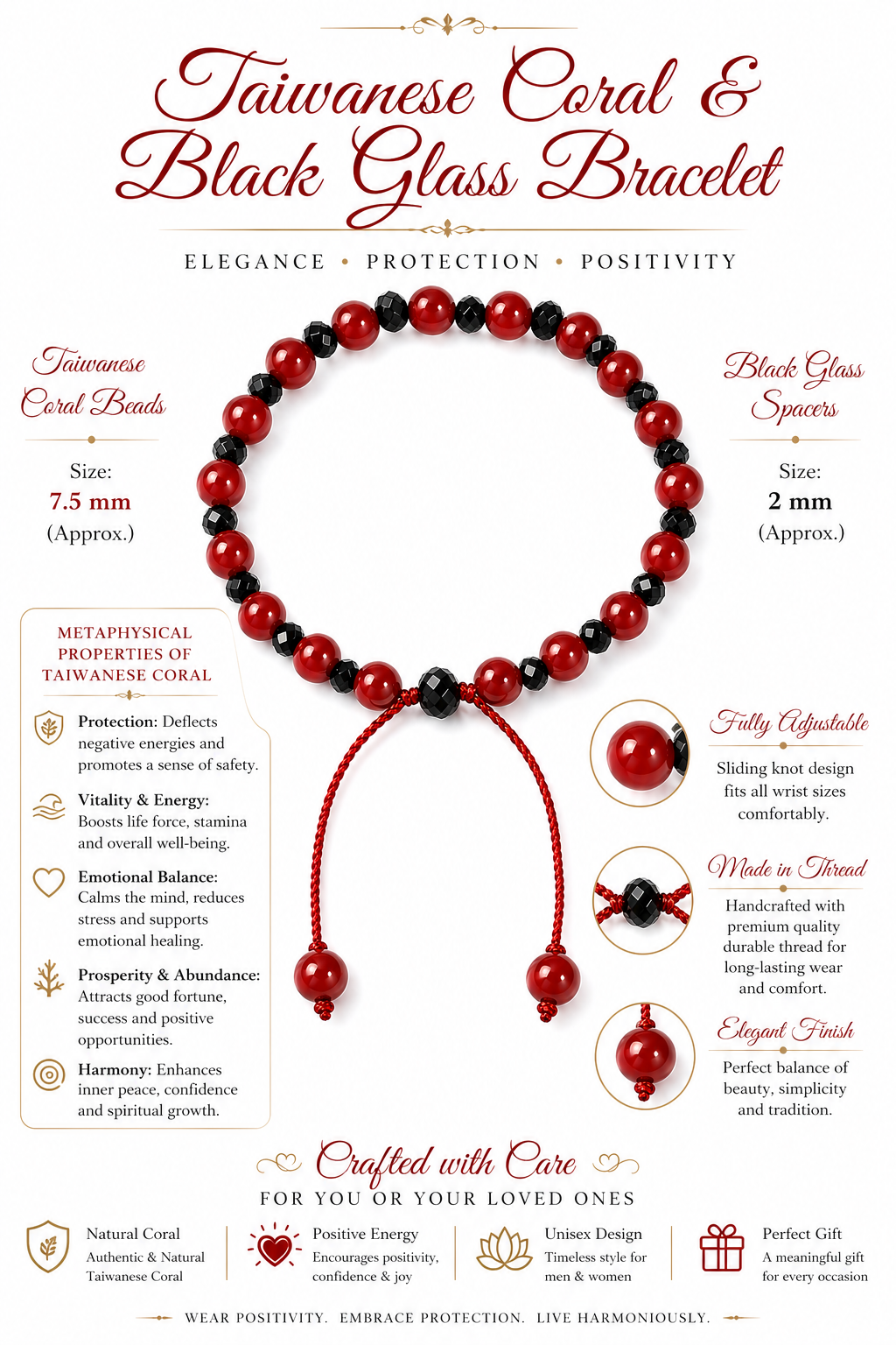 Coral bead bracelet with black glass spacers and adjustable thread; 7.5 mm beads