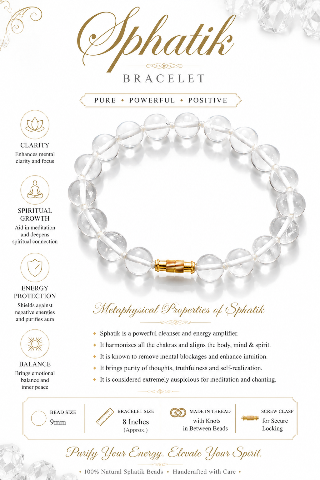 Natural Clear Sphatik Crystal Bracelet 9mm | Handcrafted Quartz Gemstone Bracelet with Knotted Thread & Screw Clasp | 8 Inch Healing Crystal Bracelet for Men & Women | Premium Meditation & Spiritual Jewelry