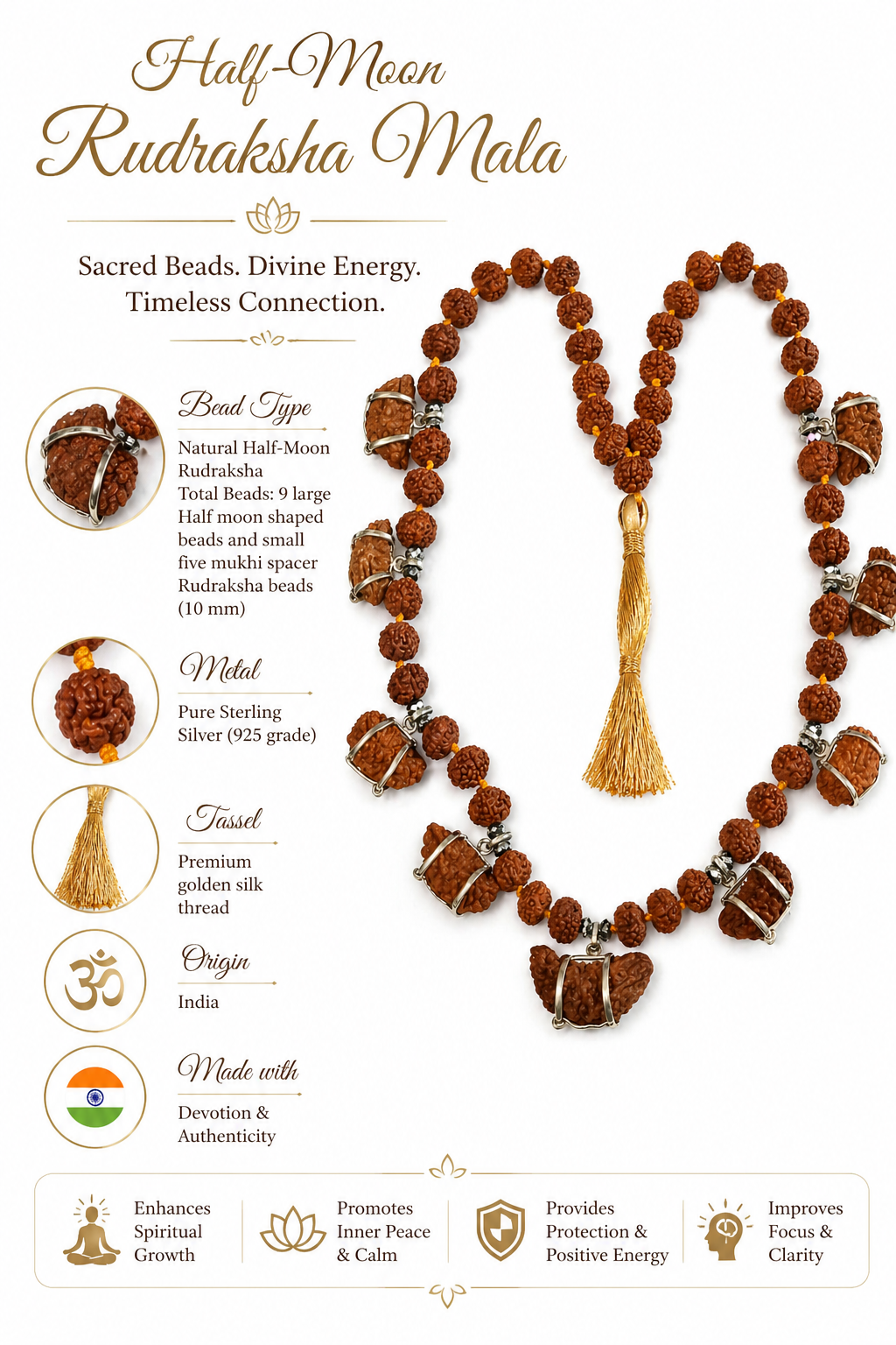 Premium Half-Moon Rudraksha Mala with 925 Sterling Silver (9 Beads)