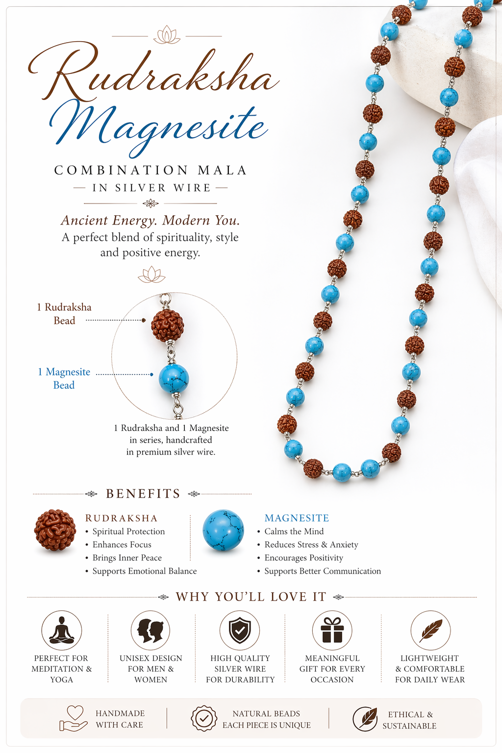 Long mala necklace with alternating blue spheres and brown rudraksha-style beads, silver links