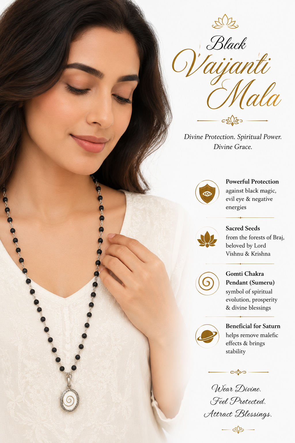 Model wearing black Vaijanti mala with silver Gomti chakra pendant on white top