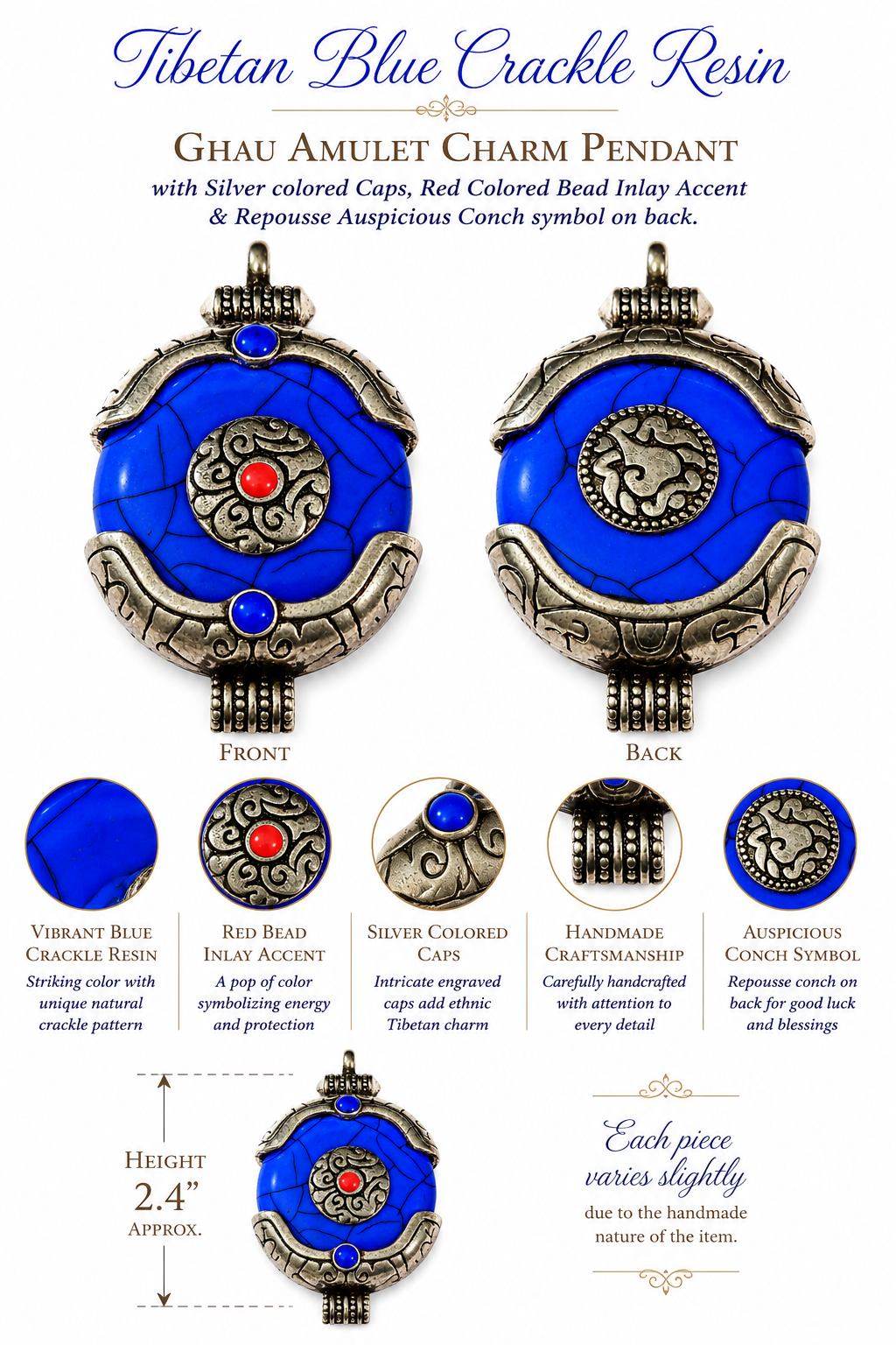Blue crackle resin Ghau amulet charm pendant, red bead accent, silver engraved caps front/back