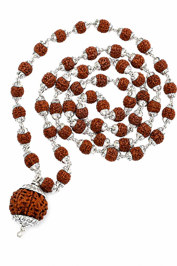 Pure Silver Rudraksha Mala with 7 Mukhi Guru Bead - 5 Mukhi Rudraksha Japa Mala for Meditation, Prayer & Spiritual Wear - 54+1 Beads Unisex