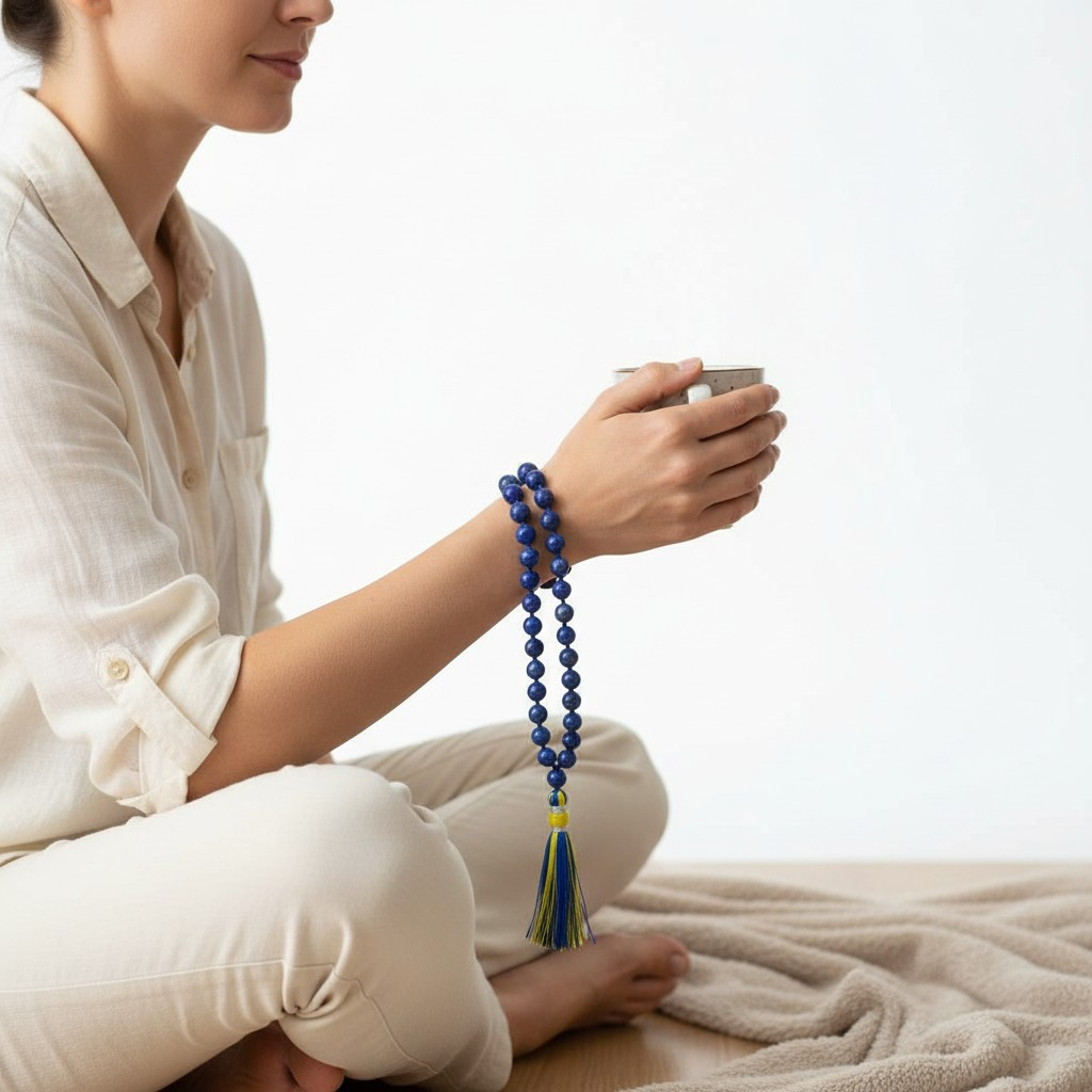 Lapis lazuli mala worn on wrist, deep blue round beads with blue tassel