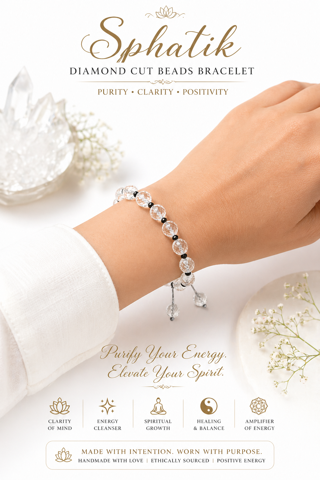 Crystal beads bracelet on wrist, clear faceted beads with small black accents, adjustable