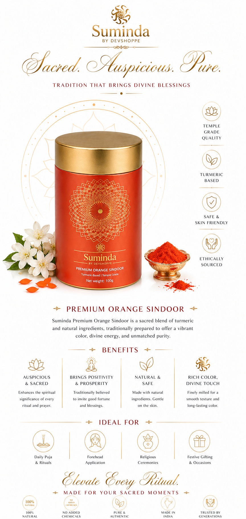 Orange sindoor tin with gold lid and decorative mandala design, 100g
