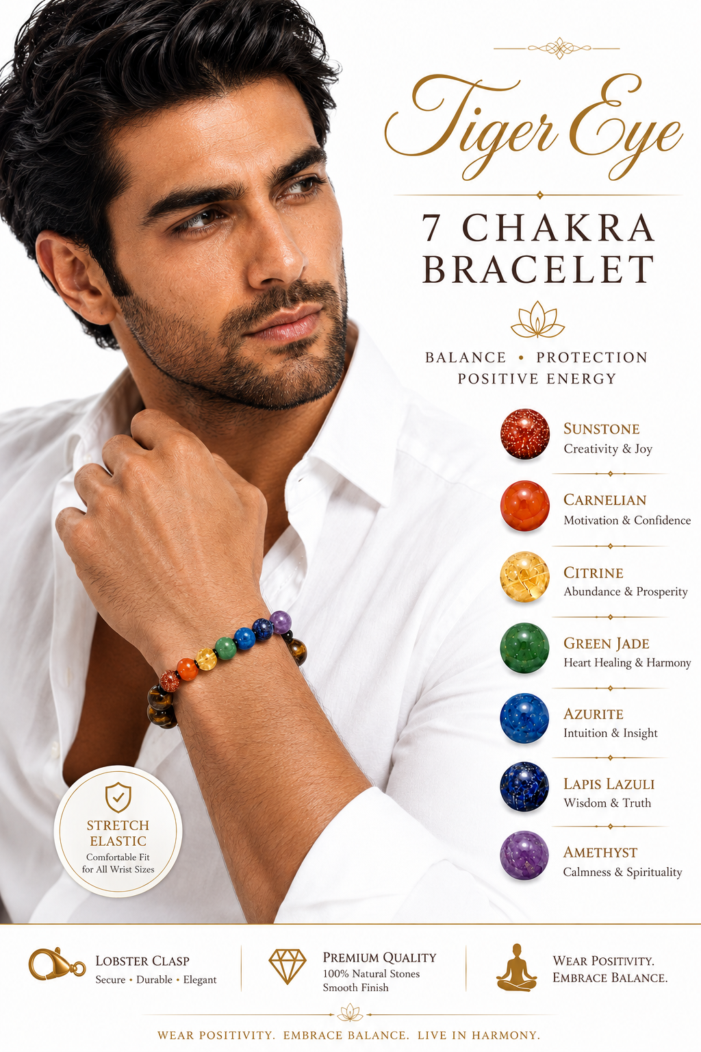 Premium Tiger Eye 7 Chakra Bracelet for Men | Natural Tiger Eye with Sunstone, Carnelian, Citrine, Green Jade, Azurite, Lapis Lazuli & Amethyst | Stretch Fit with Gold Lobster Clasp
