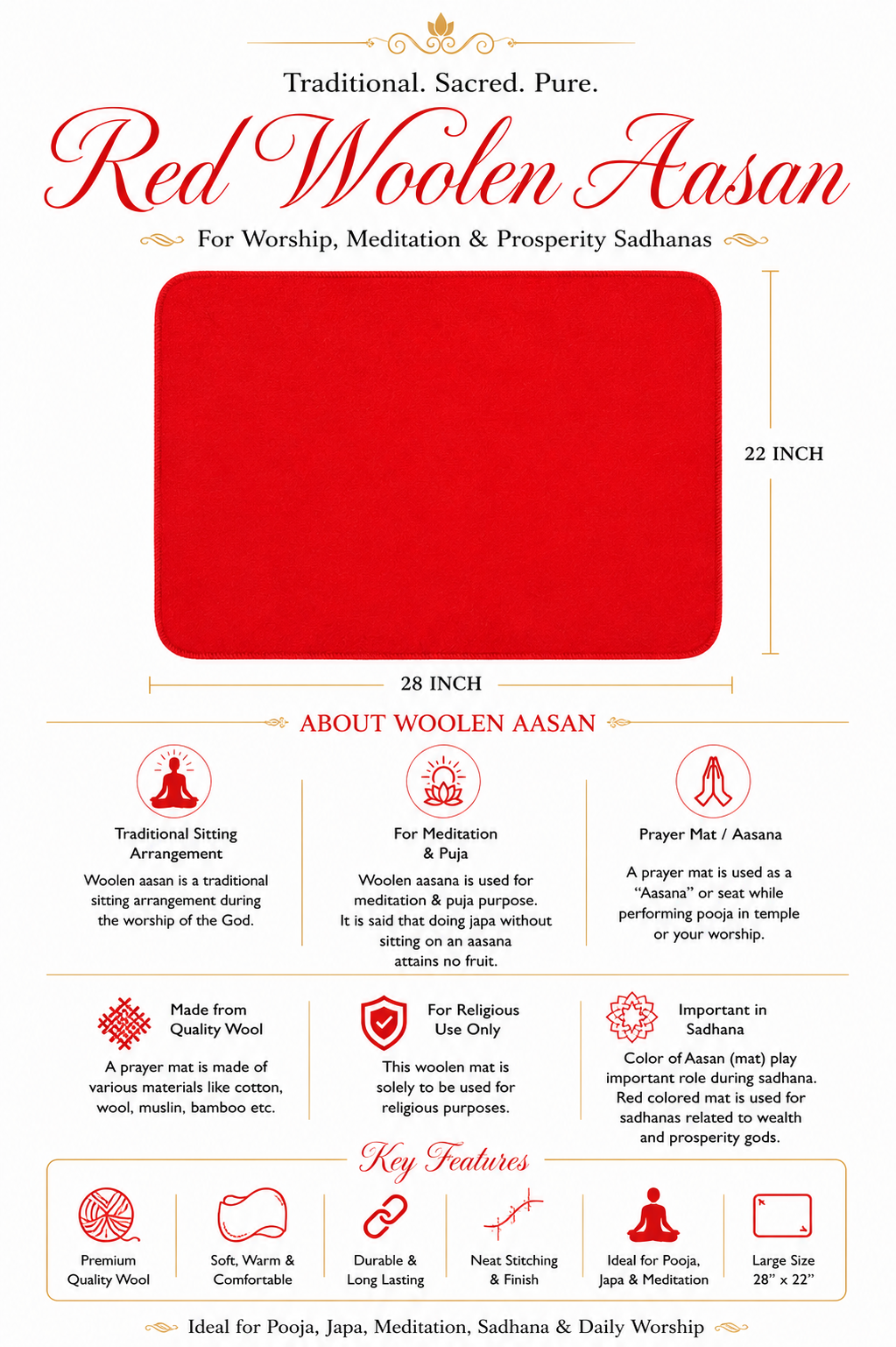 Premium Red Woolen Puja Aasan Mat for Meditation & Prosperity Sadhana | Prayer Sitting Mat | 28 x 22 Inch