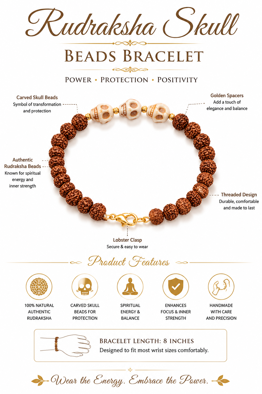 Handcrafted Rudraksha Skull Beads Bracelet | Natural Rudraksha Beads, Howlite Skull Accent Beads, Golden Spacers & Lobster Clasp | 8 Inch Thread Bracelet | DevShoppe