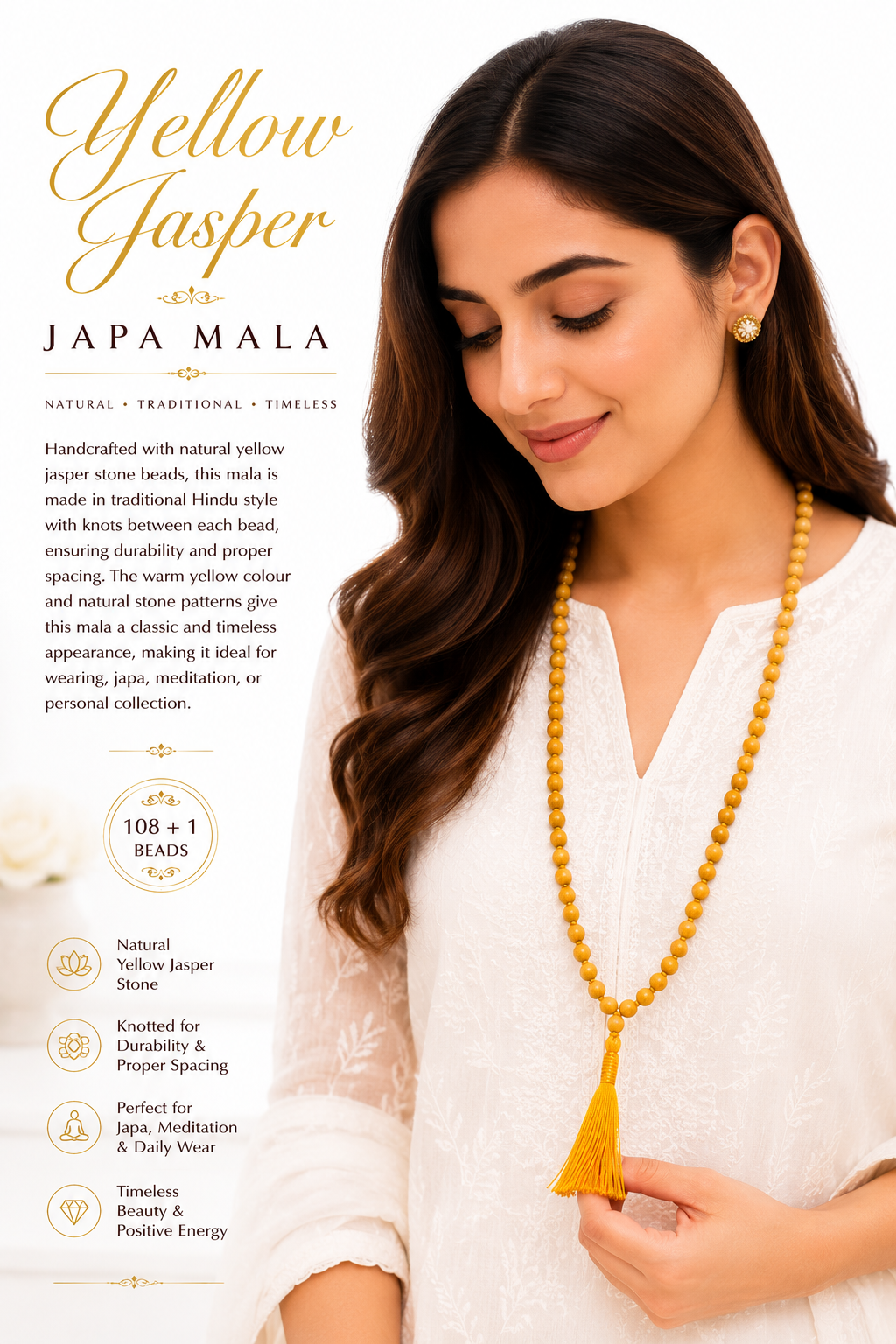 Yellow gemstone mala necklace worn with long bead strand and tassel
