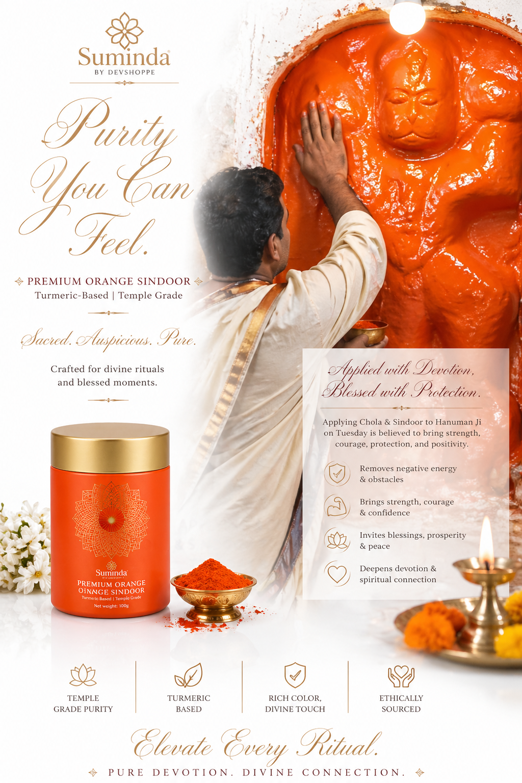 Orange sindoor jar with gold lid, with hand applying paste to a deity