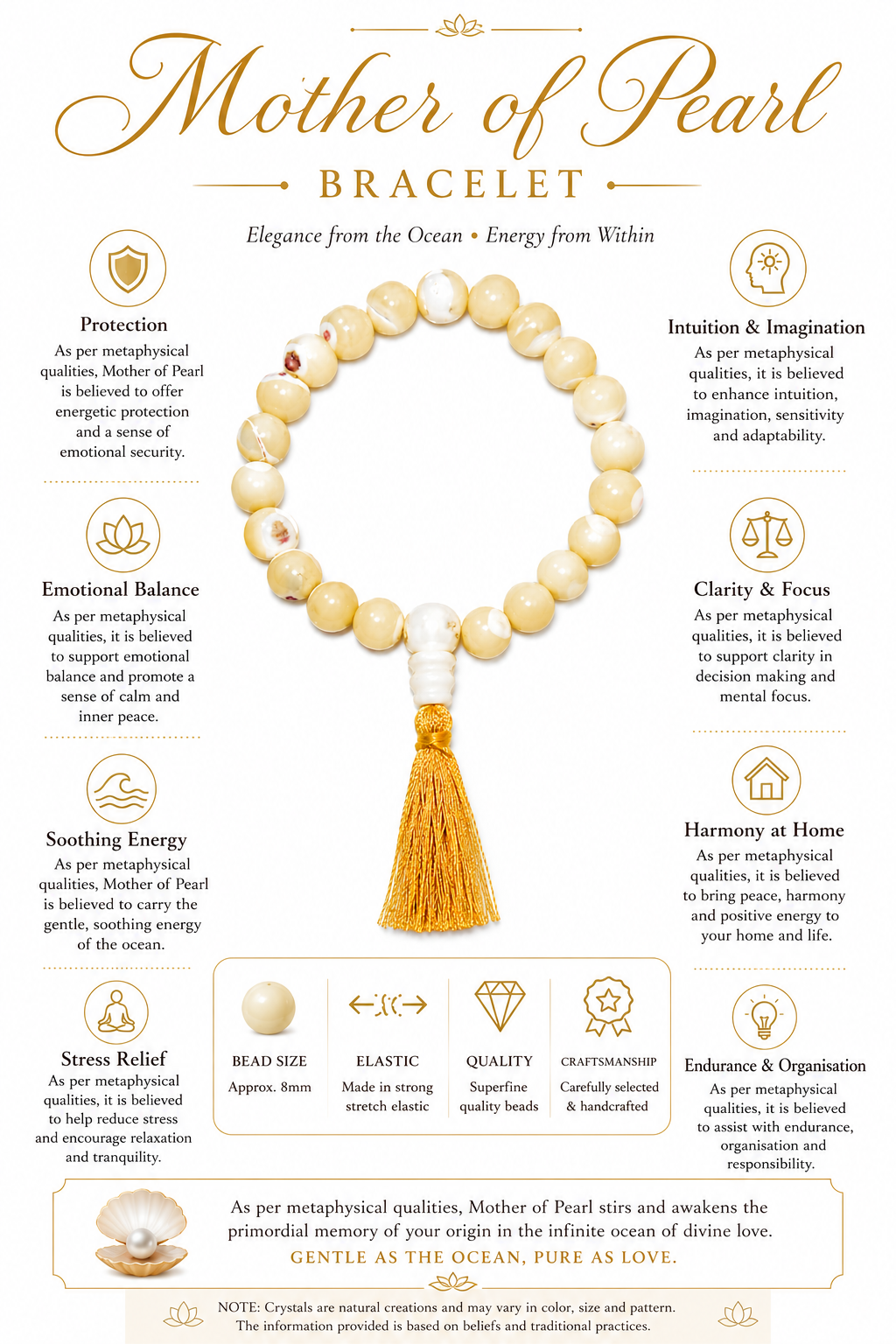 Mother of Pearl bead stretch bracelet, 8mm cream beads with gold tassel
