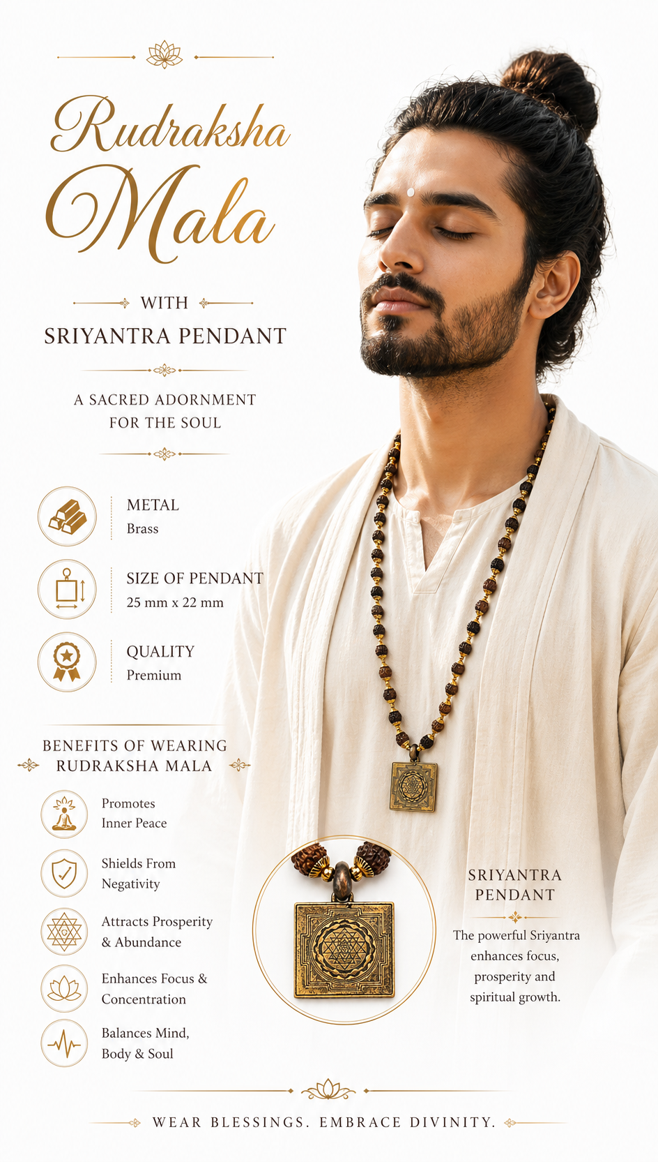 Rudraksha mala with dark beads and square brass Sri Yantra pendant