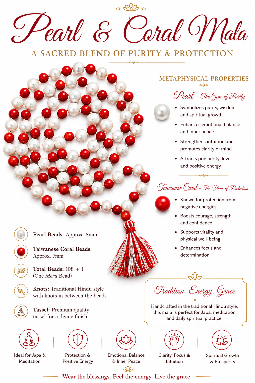 Pearl and coral mala necklace with white pearls and red beads, red tassel