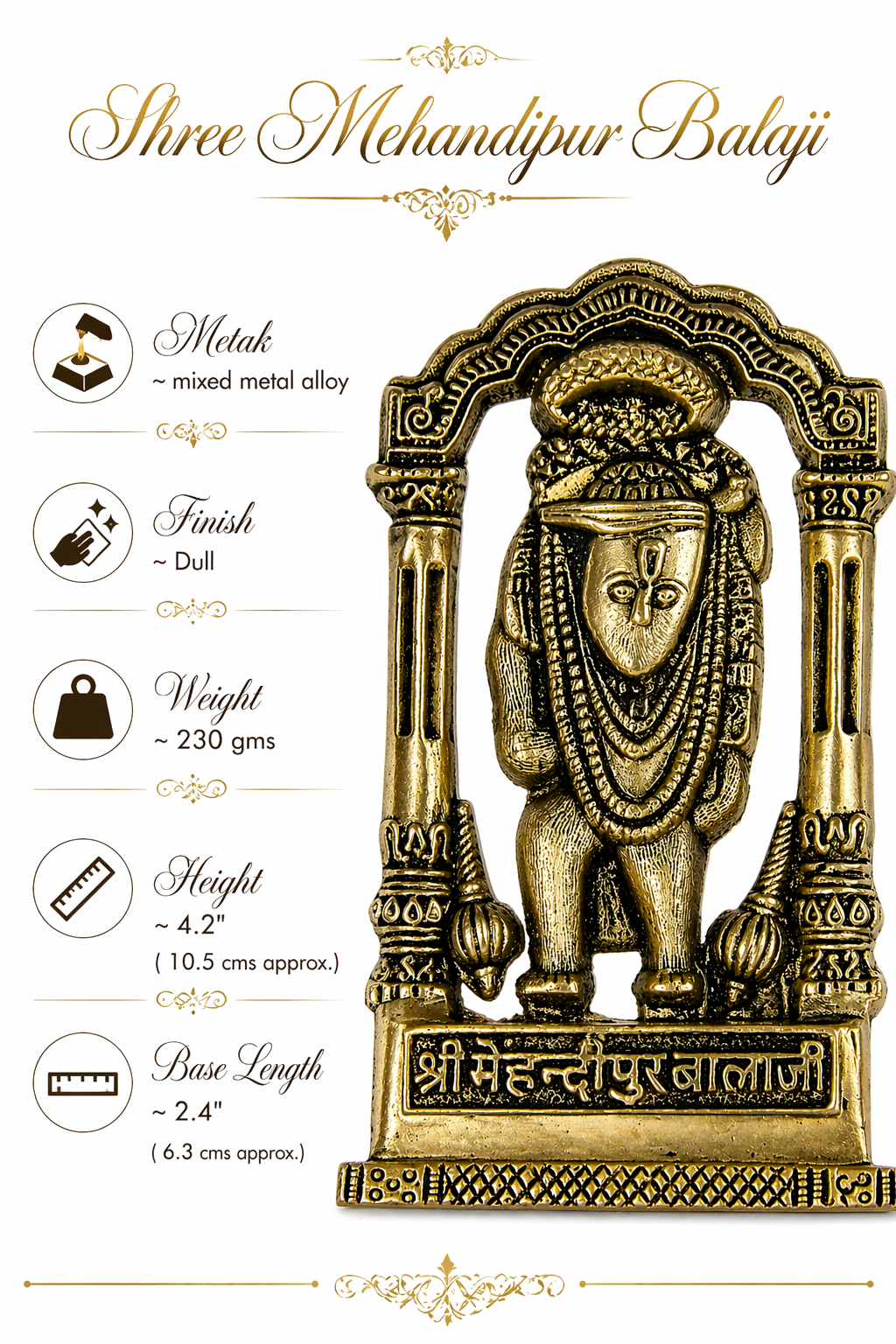 Shree Mehandipur Balaji idol, approx 4.2 in tall, ornate base with nameplate