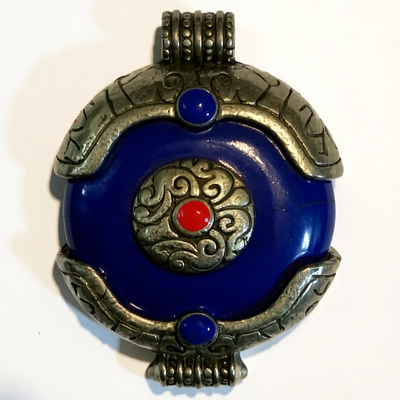Ethnic Tibetan Blue Resin Ghau Amulet Charm Pendant with Tibetan Silver Caps, Auspicious Conch symbol & Coral bead Inlay Accent