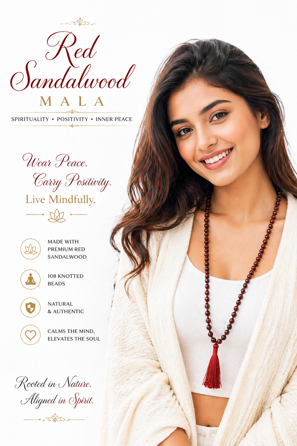 Red sandalwood mala necklace with knotted beads and red tassel, worn on neck