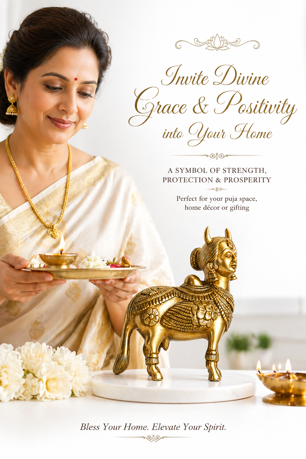 Brass Kamadhenu idol on white stand beside pooja plate, close to woman holding offering