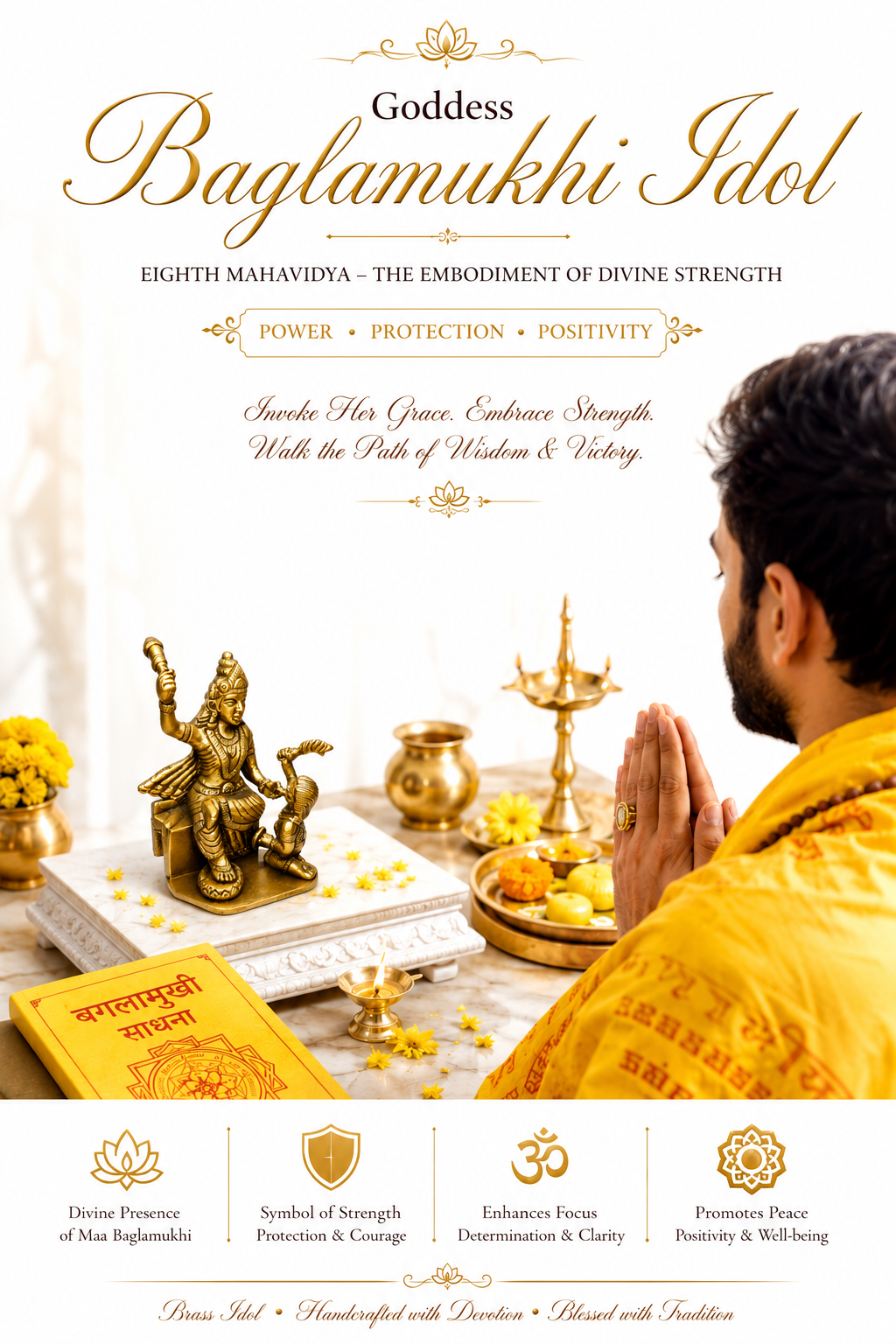 Brass Baglamukhi idol on base during puja, with prayer items nearby