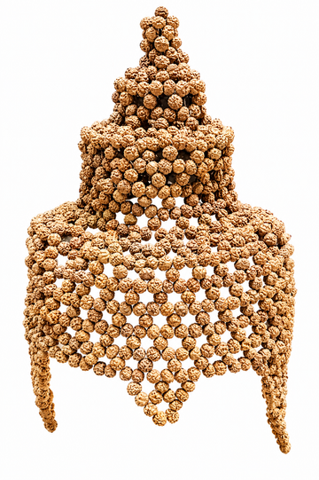 Rudraksha bead crown cap with dangling bead strands, dark golden-brown