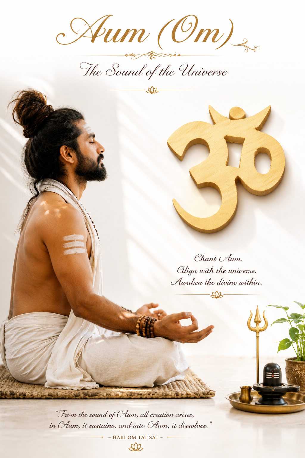 Wooden Om (Aum) wall symbol near seated meditator in white, relief cutout design.