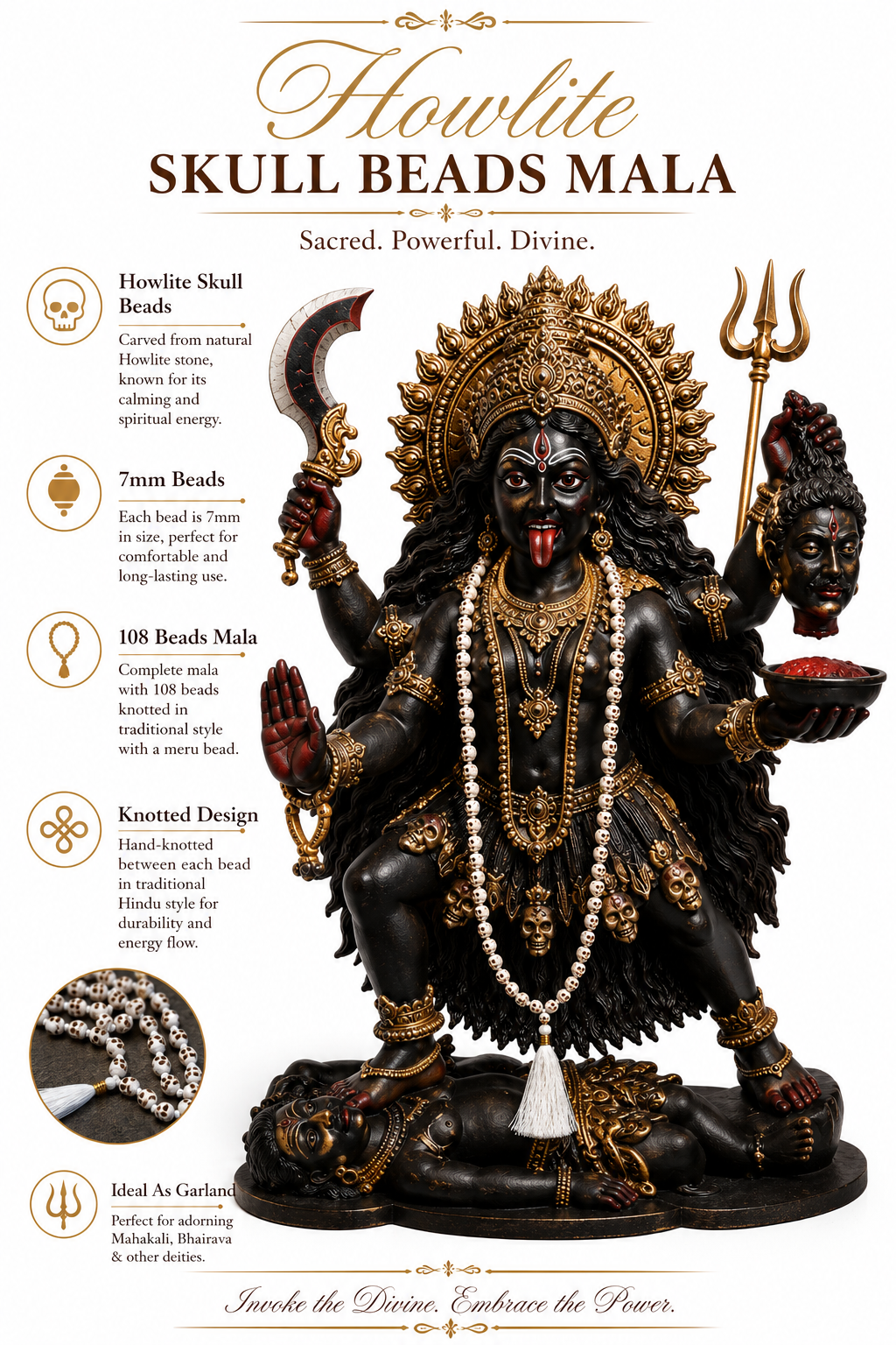 Howlite Skull Beads Mala 108+1 Beads | 7mm Hand-Knotted Japa Mala | Traditional Hindu Style Garland for Mahakali & Bhairava Idols