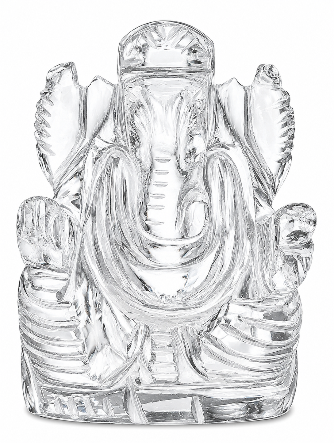 Clear crystal Ganesha statue with raised trunk and outstretched hands, glossy finish
