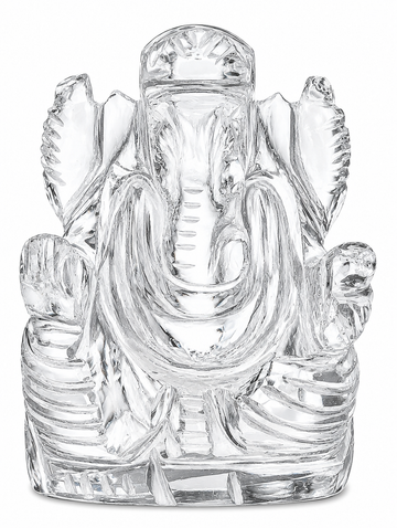 Clear crystal Ganesha statue with raised trunk and outstretched hands, glossy finish