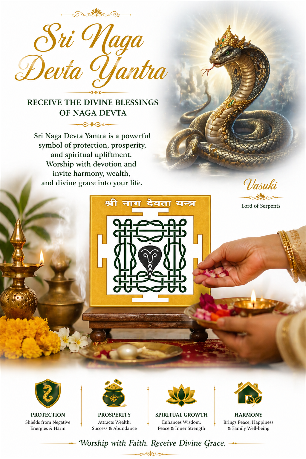 Sri Naga Devta yantra in brass on pedestal, green and black cobra symbol in square