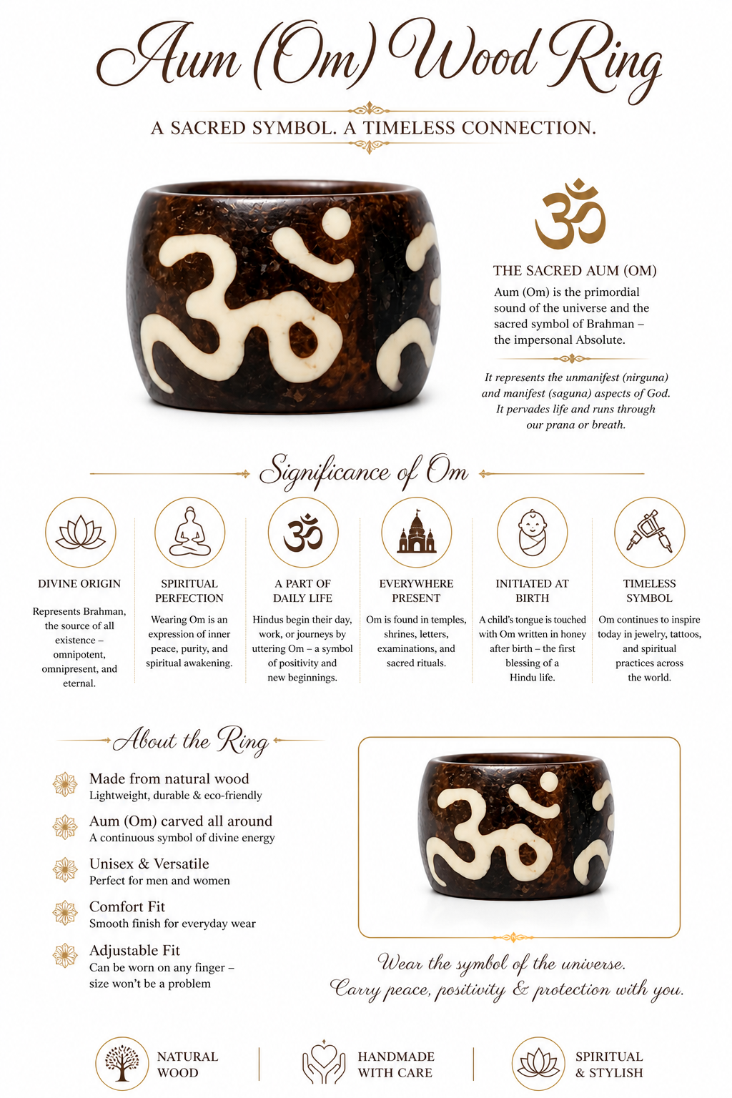Aum (Om) wooden ring band, dark wood with cream Om carving all around, rounded fit