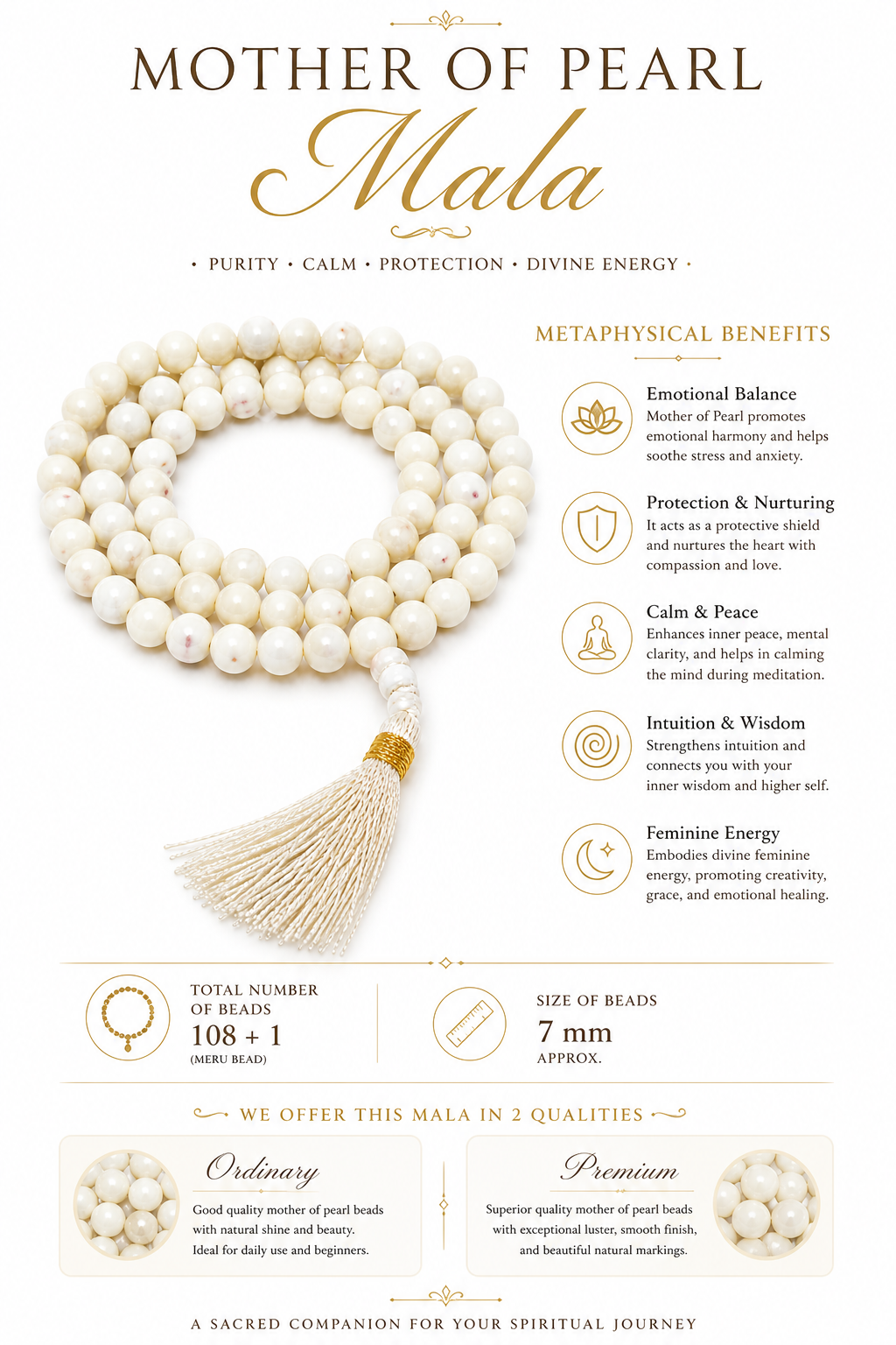 7 mm mother-of-pearl mala beads loop with white tassel, single strand