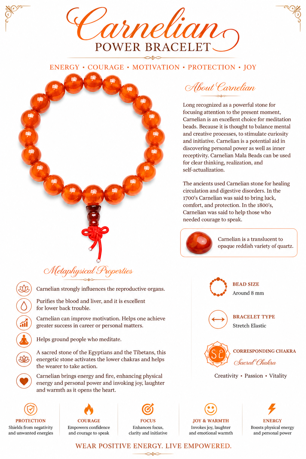 Orange round gemstone bead bracelet with red tassel charm and stretch elastic band