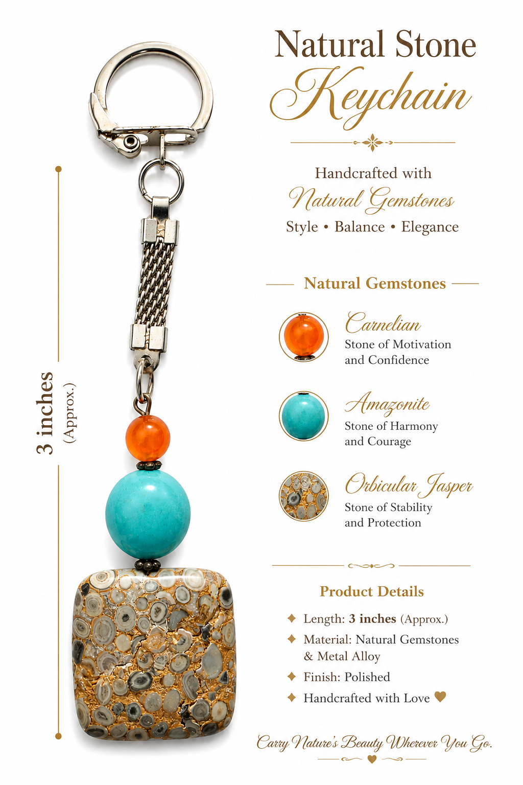 Gemstone keychain with silver ring, orange and teal beads, and patterned jasper charm
