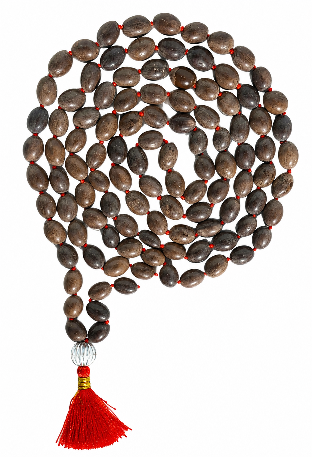 108-bead japa mala with guru bead, dark brown oval beads and red tassel