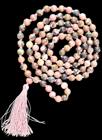 Rhodonite mala bead necklace with pink tassel, round speckled stones in pink and teal