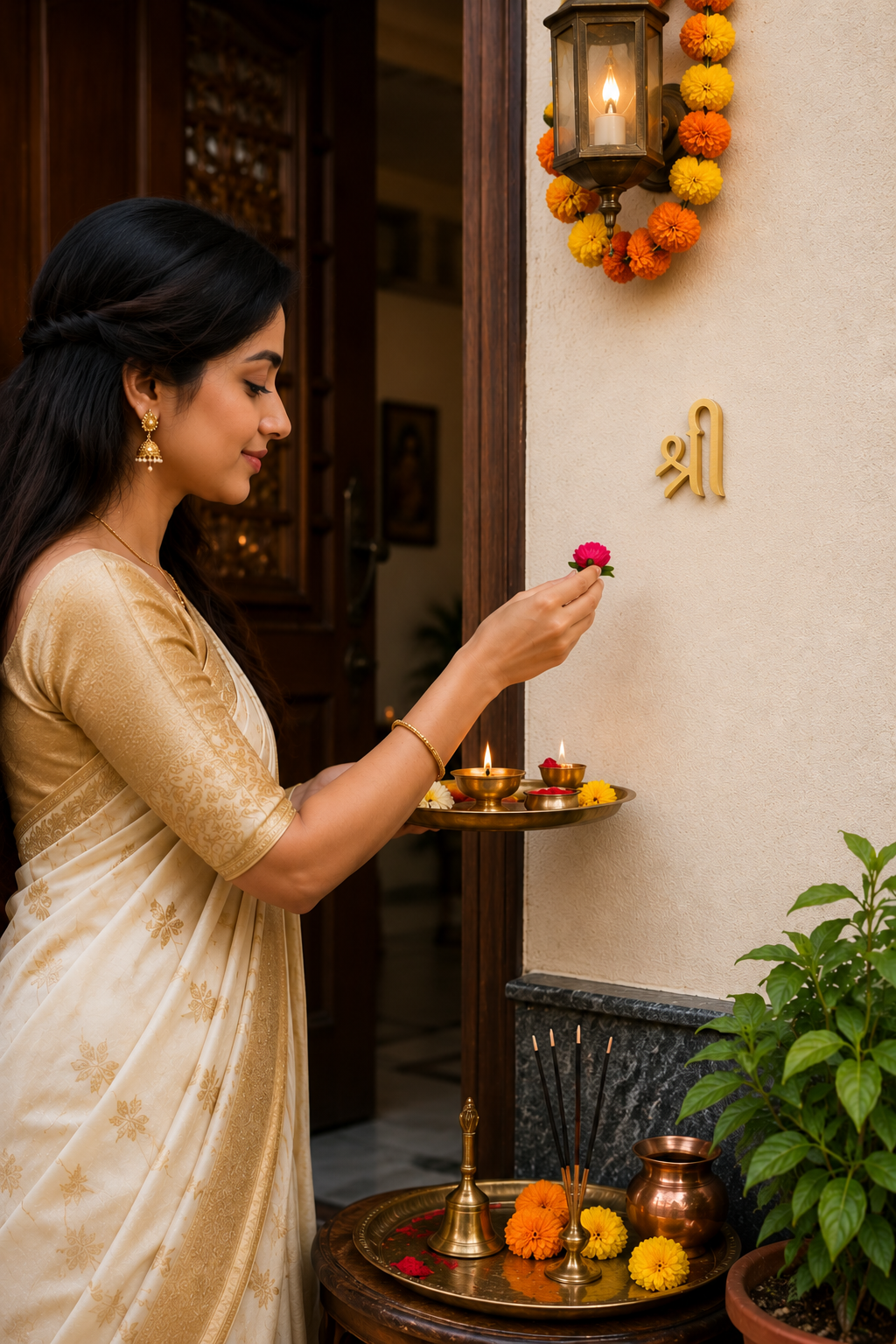 Woman performing pooja beside entrance door Shree wood symbol, light wood ornament