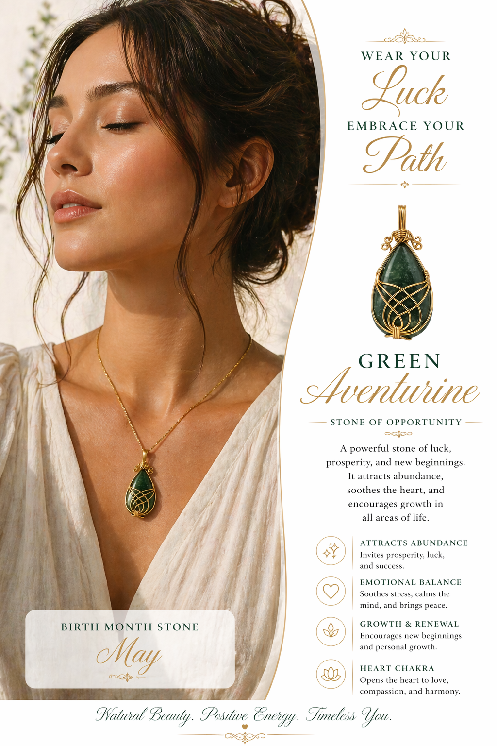 Green Aventurine Wire Wrapped Pendant for Women & Men | Natural Teardrop Crystal Stone Pendant | Handmade Gold Tone Jewelry Charm