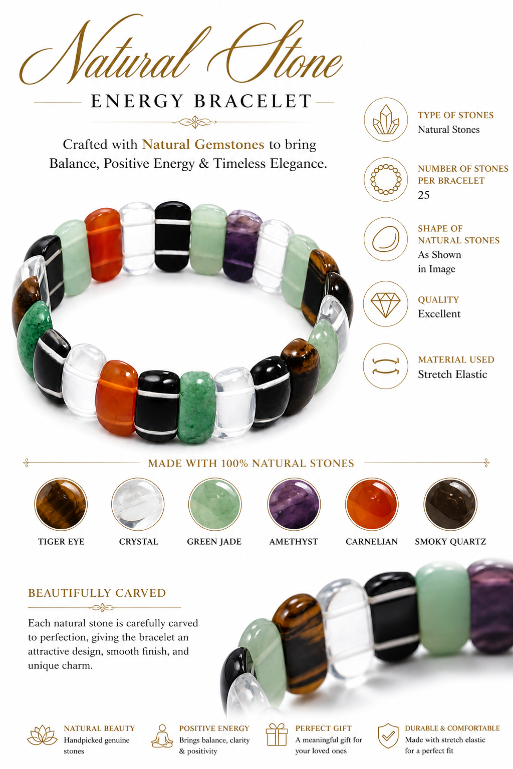 Natural stone energy bracelet, 25 beads in orange, black, green, purple, and white