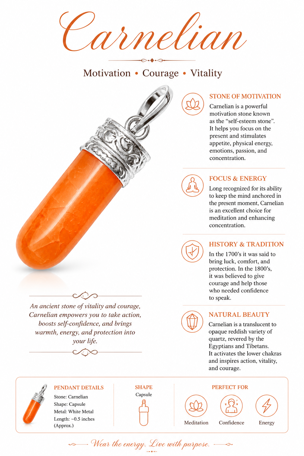 Orange carnelian capsule pendant in white metal setting, close-up view of crystal