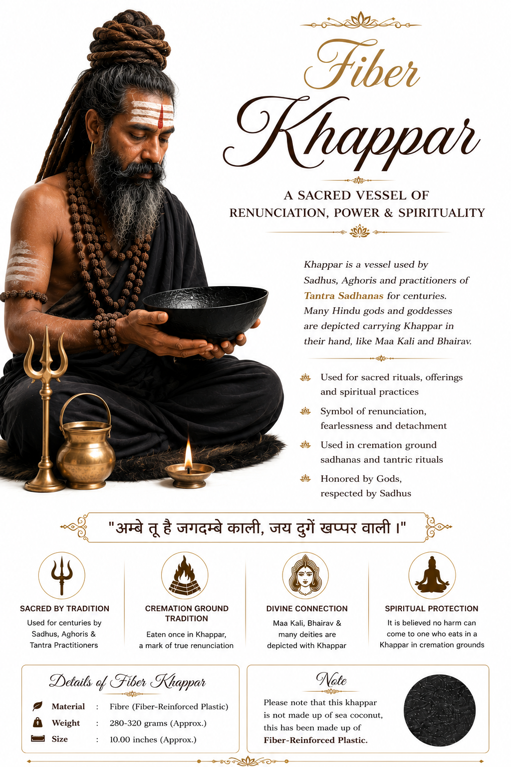 Black khappar bowl held by sadhu, shallow textured vessel for sadhana