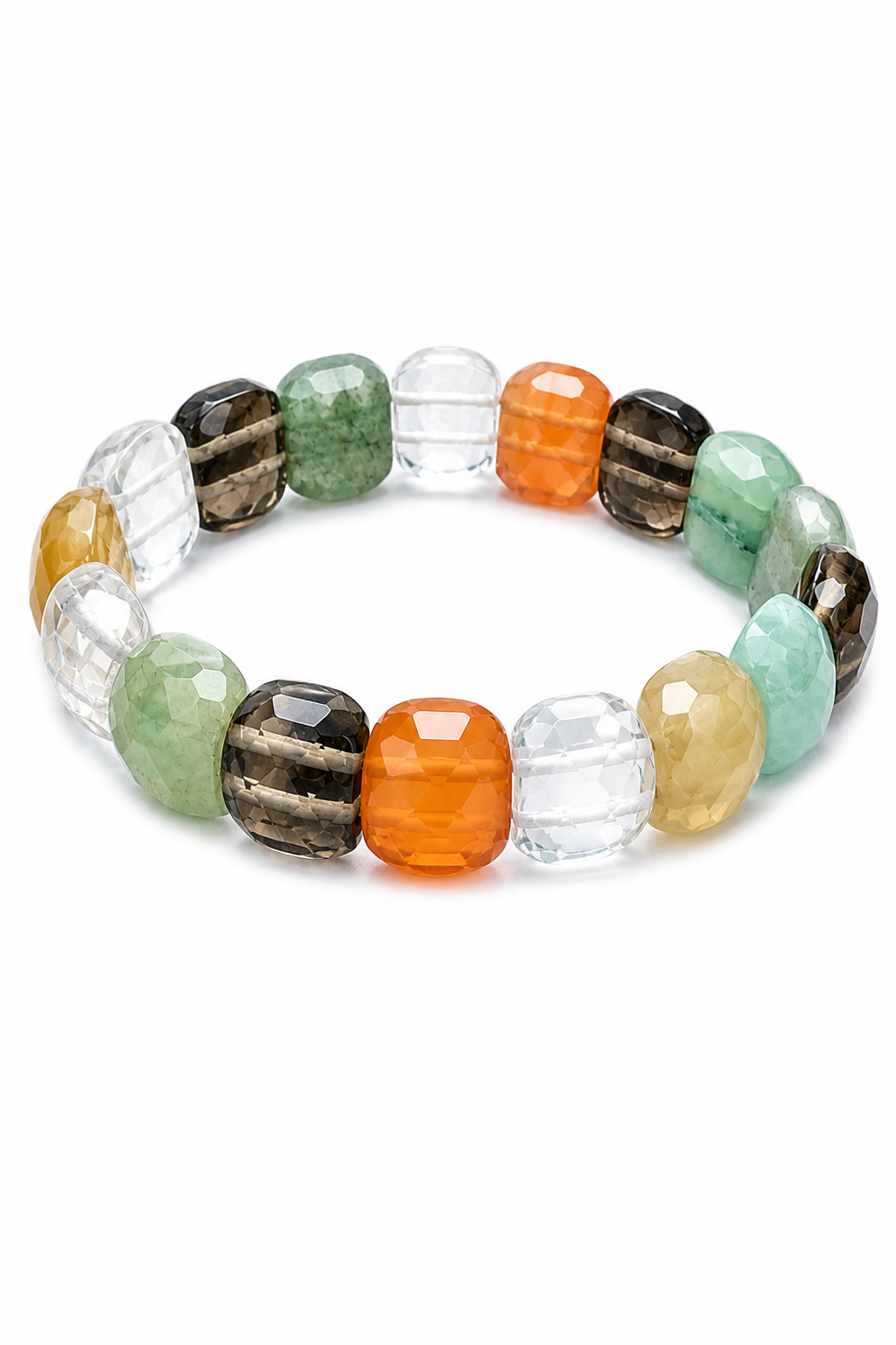 Faceted multi-stone stretch bracelet with green, orange, clear and smoky beads