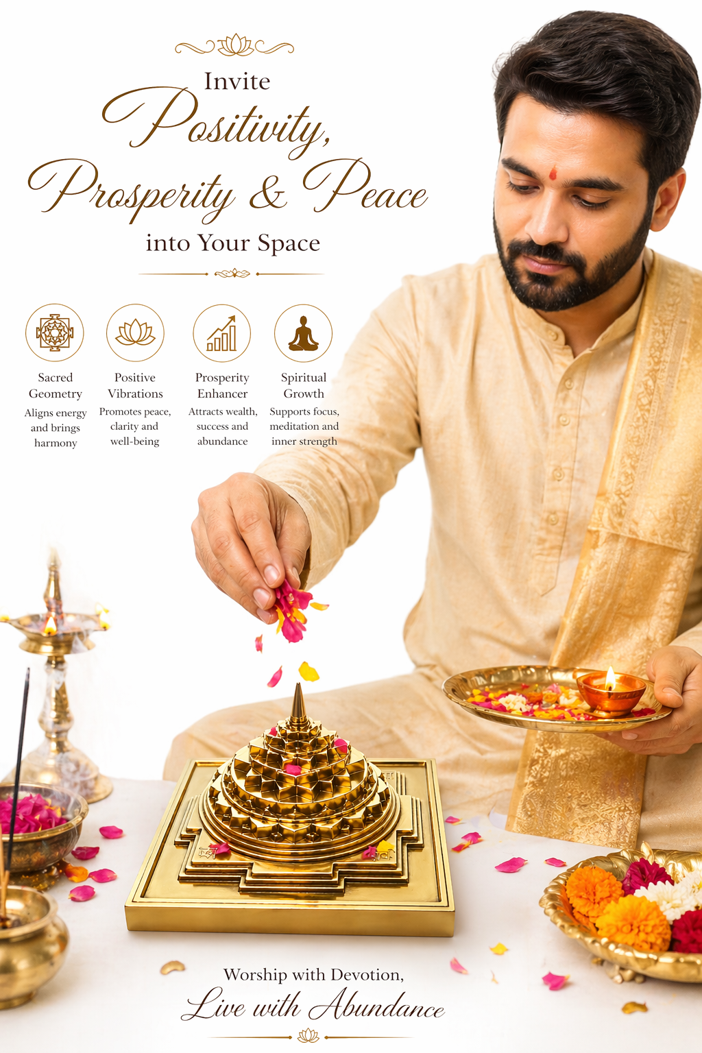 Brass 3D Shree Yantra Maha Meru Hollow Single Piece No Joints