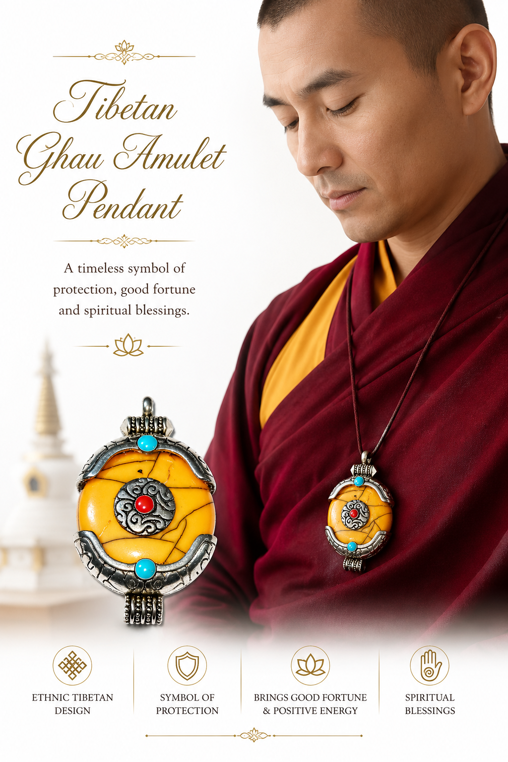Beautiful Ethnic Tibetan Yellow Crackle Resin Ghau Amulet Pendant with Silver Colored Caps & Auspicious Conch Symbol | Handmade Buddhist Charm Pendant | 2.4 Inches Approx.