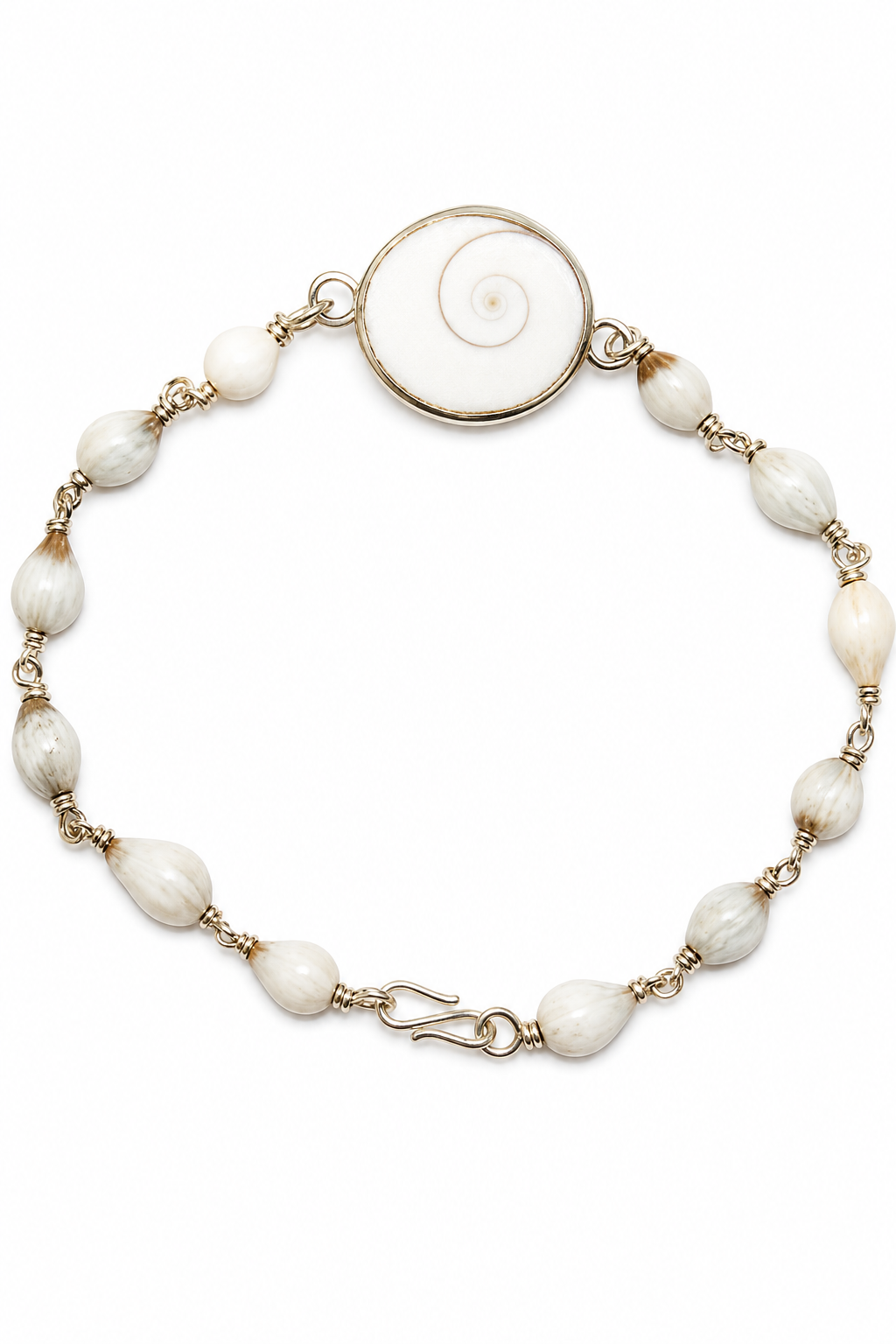 Pure silver bracelet with white beads and round Gomti chakra pendant